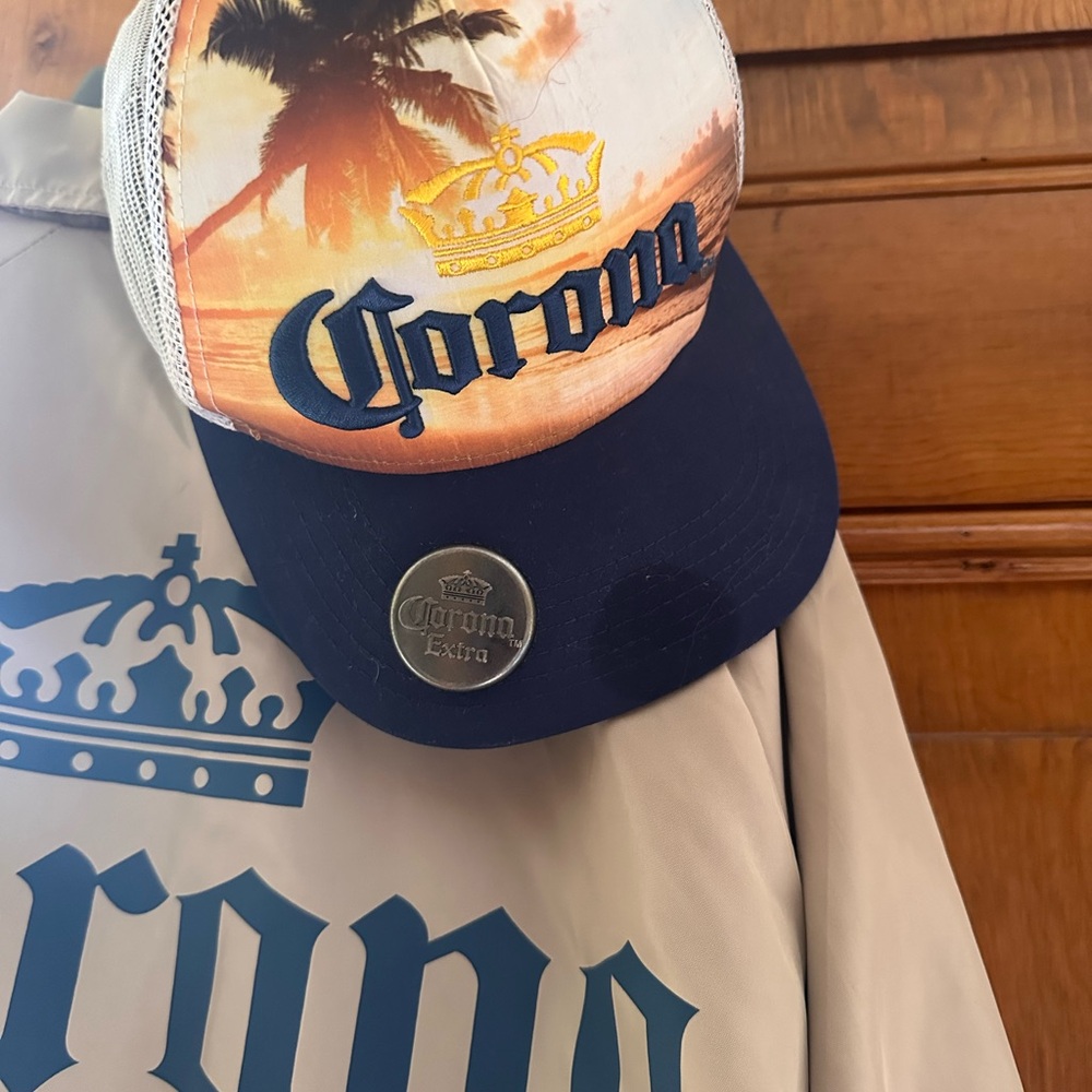 Corona Windbreaker & Corona Beach Scene Trucker Hat